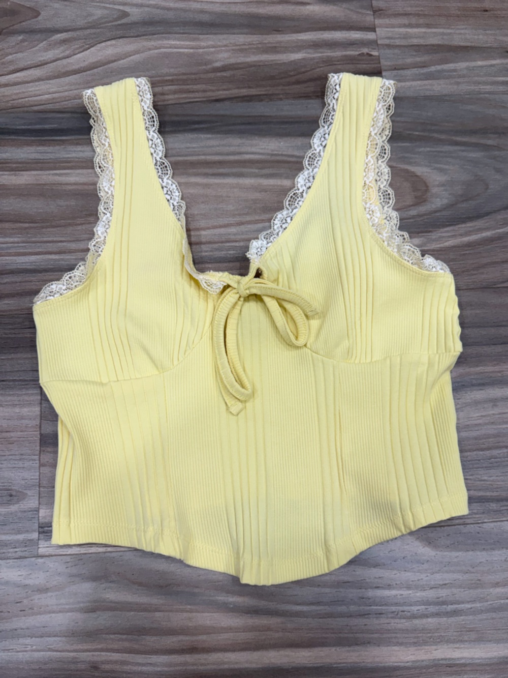 Ribbed Lace-Trim Tank Camisole in Light Yellow